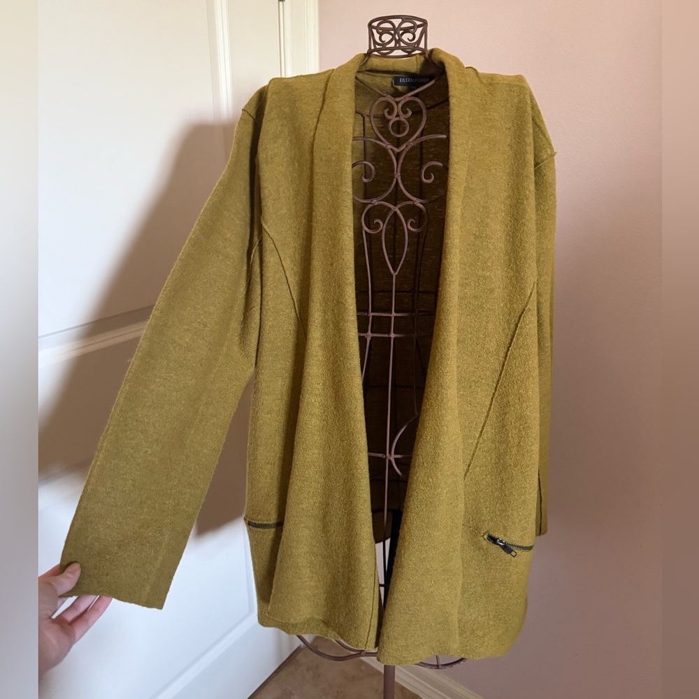 Eileen Fisher Olive Green 100% Wool Open Front Cardigan sz Large